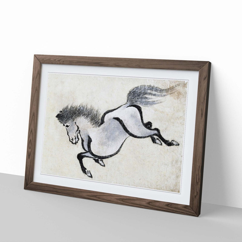 Running Horse by Katsushika Hokusai - Picture Frame Painting Print, 36cm H x 48cm W x 2cm D, Walnut Framed