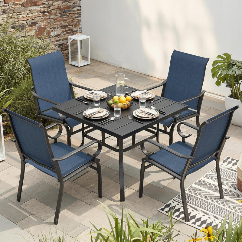 5-piece Patio Dining Set With Umbrella Hole, Breathable Textilene Fabric, 5 Pieces: Table, 4 Fixed Chairs