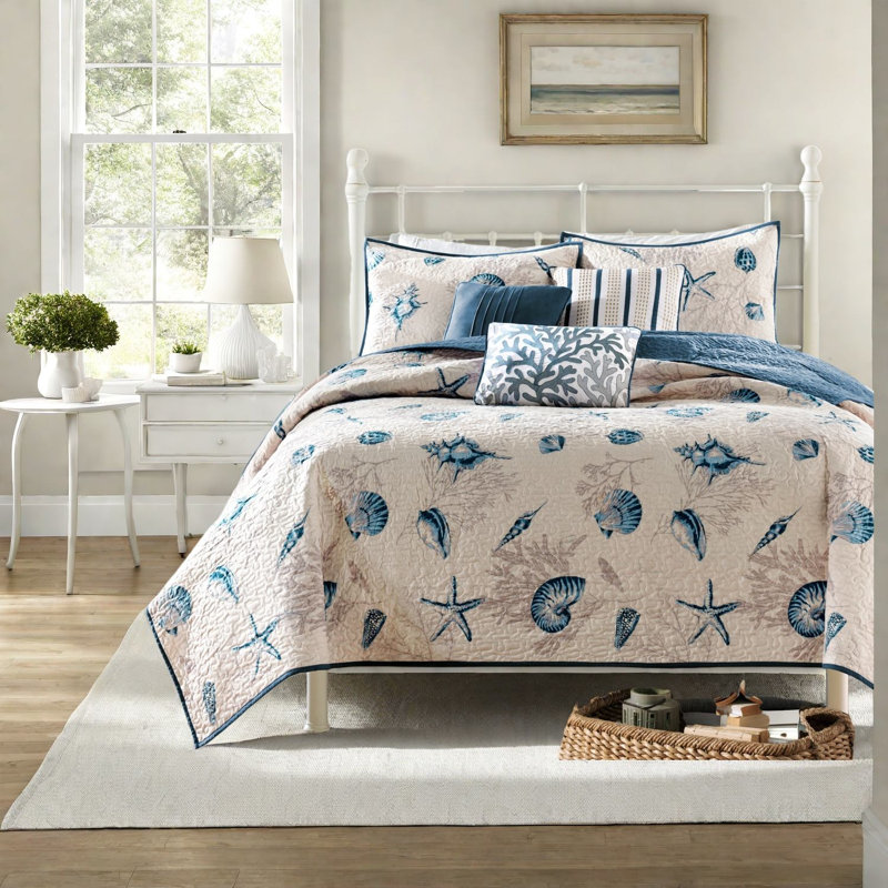Ensemble de courtepointe réversible en polyester pour grand lit Coastal Blue