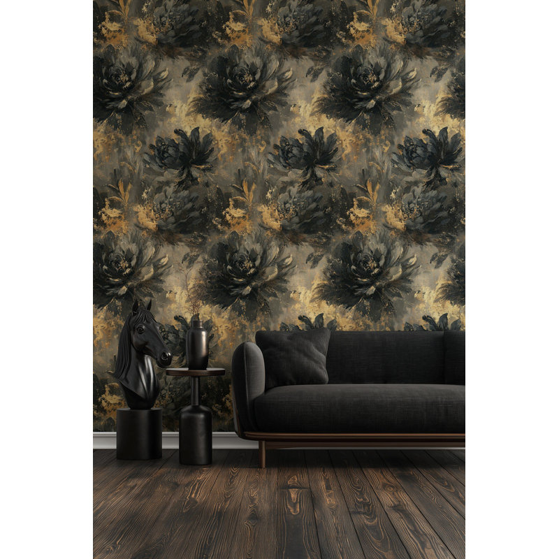 Papier peint floral doré noir