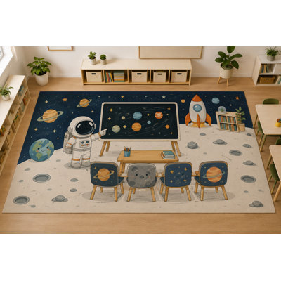 Tapis d'intérieur « ultra-fin » 152 x 213 cm (5 pi x 7 pi) sur le thème de l'espace et des astronautes, doux et à poils courts, avec envers antidérapant en silicone, bleu marine.