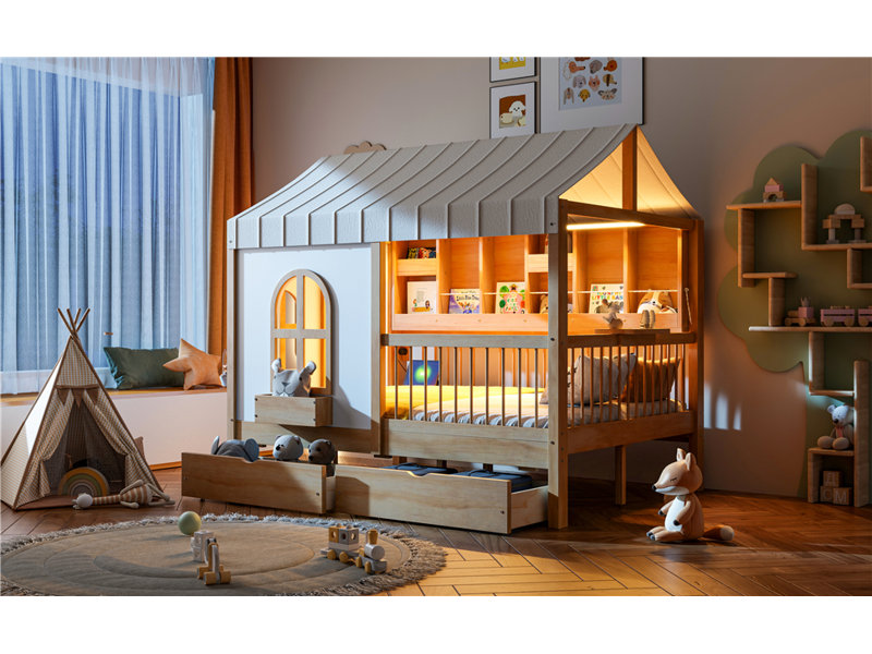 Gurley House Bed with Drawers, Side Bookshelf, LED Lighting & Charging Board, Natural