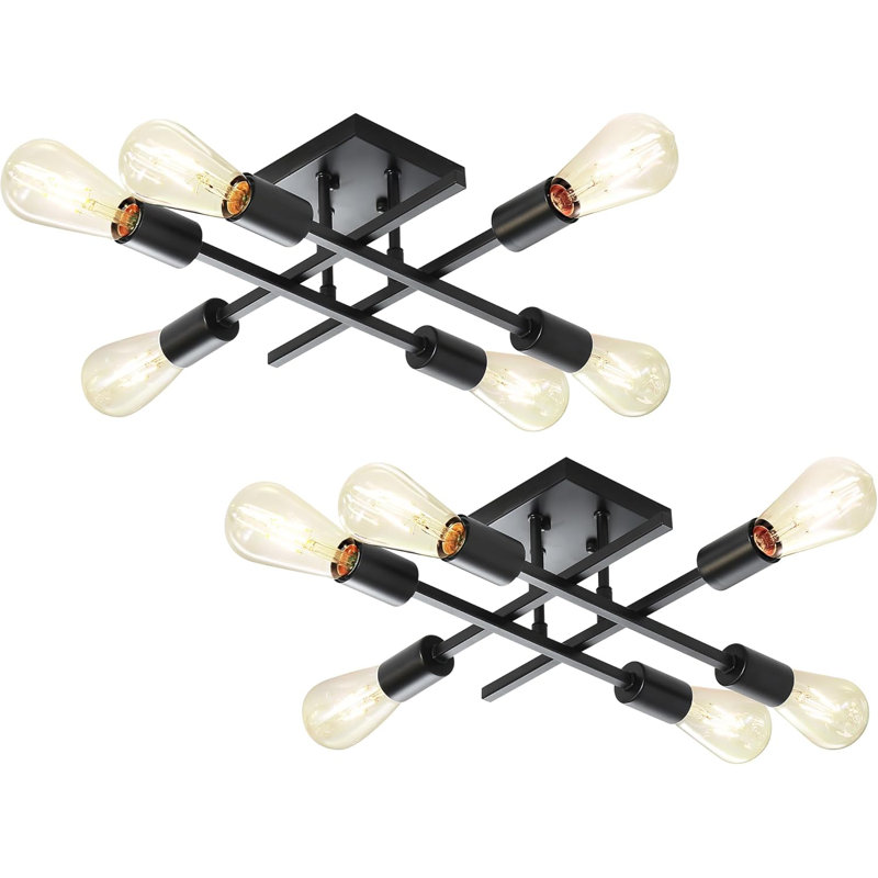 Plafonnier semi-encastré 6 lumières, lustre industriel Spoutnik noir, éclairage de base moderne E26 pour cuisine, chambre à coucher, salon, couloir, paquet de 2