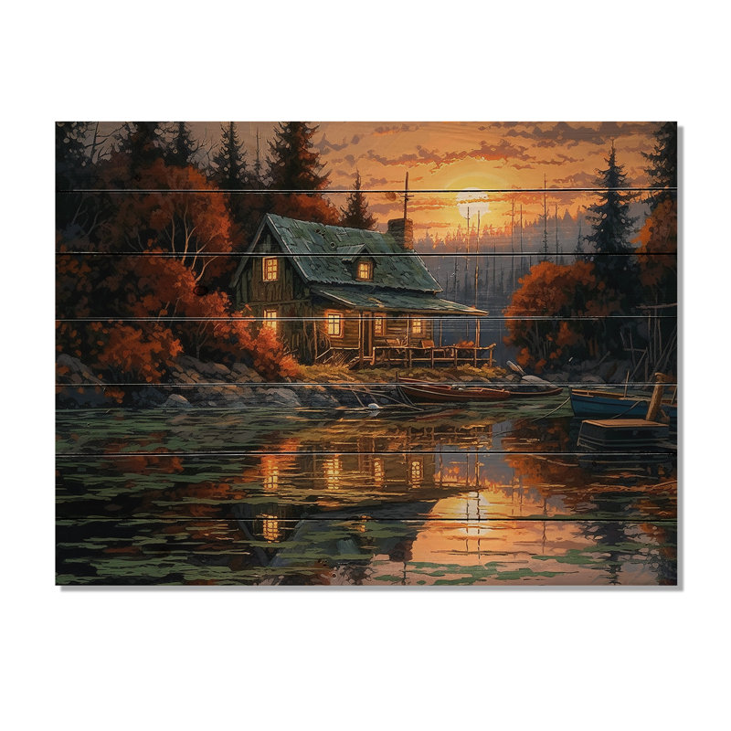 Autumn Sunset Cottage I sur impression sur bois, H 10 po x l 20 po x P 0,78 po