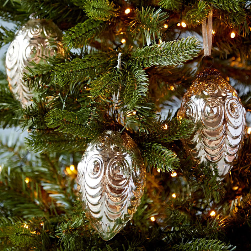 Set Of 3 Silver Antique Effect Recycled Glass Oval Baubles