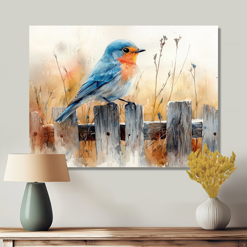 Bluebird On The Farm Fence VI - Art mural en métal oiseau pour le salon, H 12 po x l 20 po