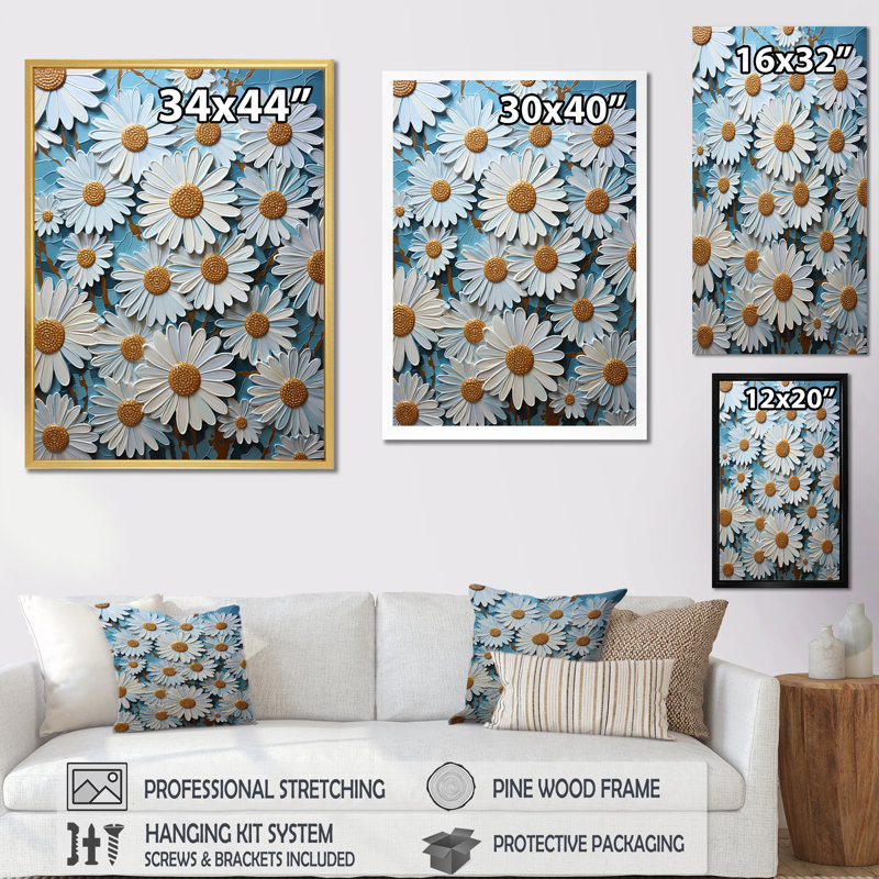 «White Daisy Meadow Elegance IV», reproduction sur toile, Cadre simple argenté, H 20 po x l 12 po x P 1 po