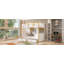 Lit superposé double au-dessus de double avec garde-corps en forme de maison et tablettes et tiroirs de rangement, blanc et naturel