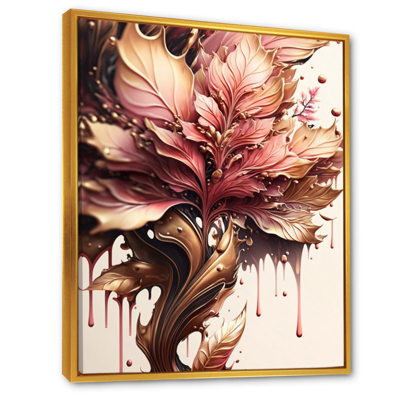 Abstrait rose et feuilles d'or I - reproduction sur toile, H 44 po x l 34 po x P 1,5 po, Toile avec cadre flottant or