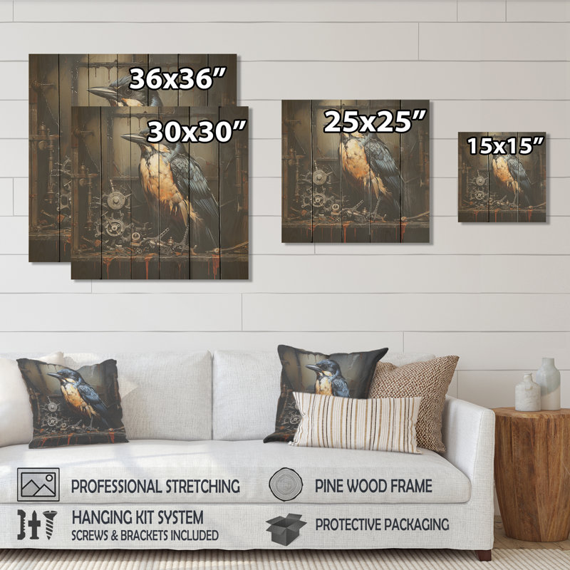Brown Steampunk Bird II - Bird On Wood Print, 30" H x 30" W