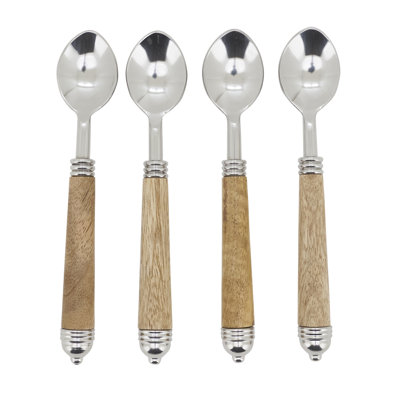 Mango Wood Handle Teaspoons (Set of 4) – Stainless Steel Dessert & Coffee Spoons for Dining & Entertaining