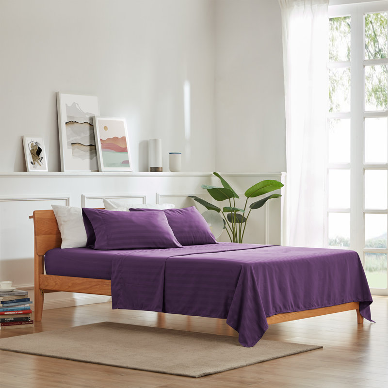 Sateen Striped Sheet Set, King Sheet Set + Fitted Sheet + 2 Pillowcases, Purple