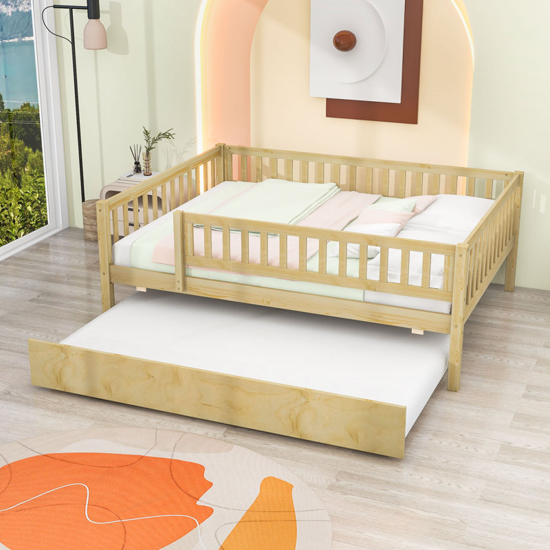Wood Daybed with Twin Trundle and Guardrails, Natural, Full/Double