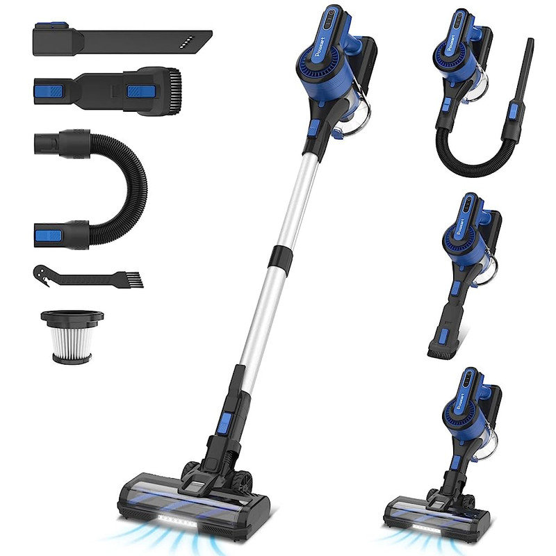 POWEART V870 BLUE Cordless Vacuum, 30KPa Suction, 350W Motor, 8-in-1 Cleaner, Black