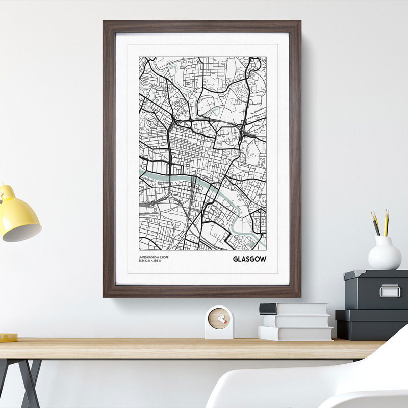 Map Glasgow UK - Picture Frame Graphic Art, 36cm H x 27cm W x 2cm D, Walnut Framed