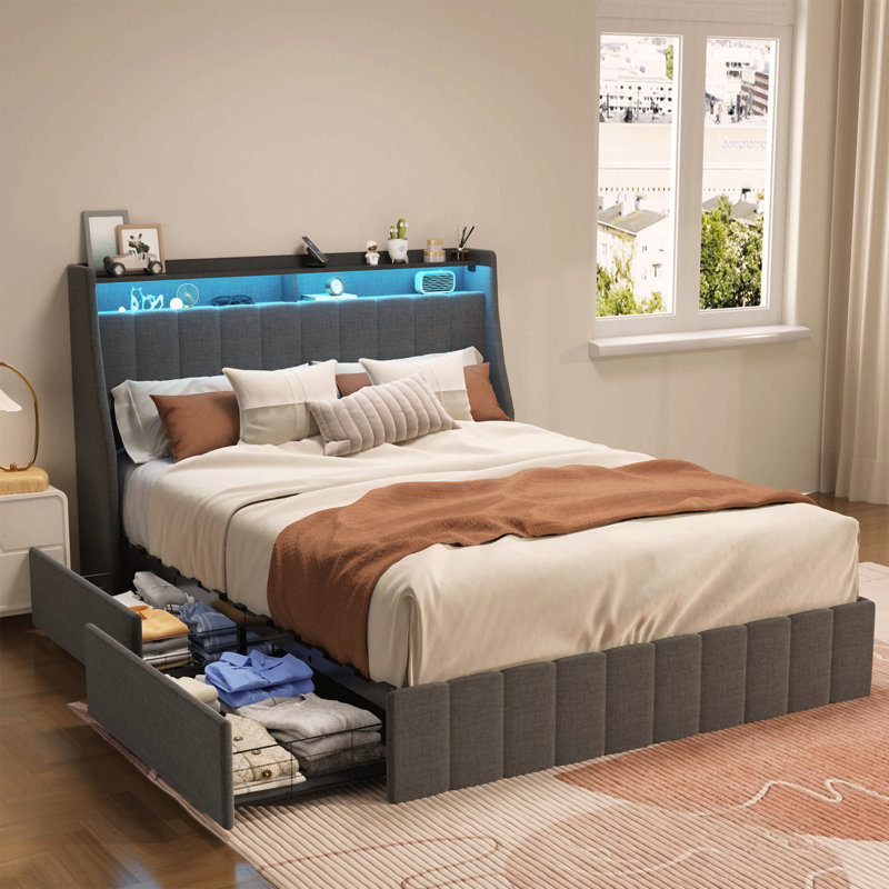 Structure de lit avec DEL, 4 tiroirs de rangement sous le lit, tête de lit à oreilles, Lit double, Gris foncé