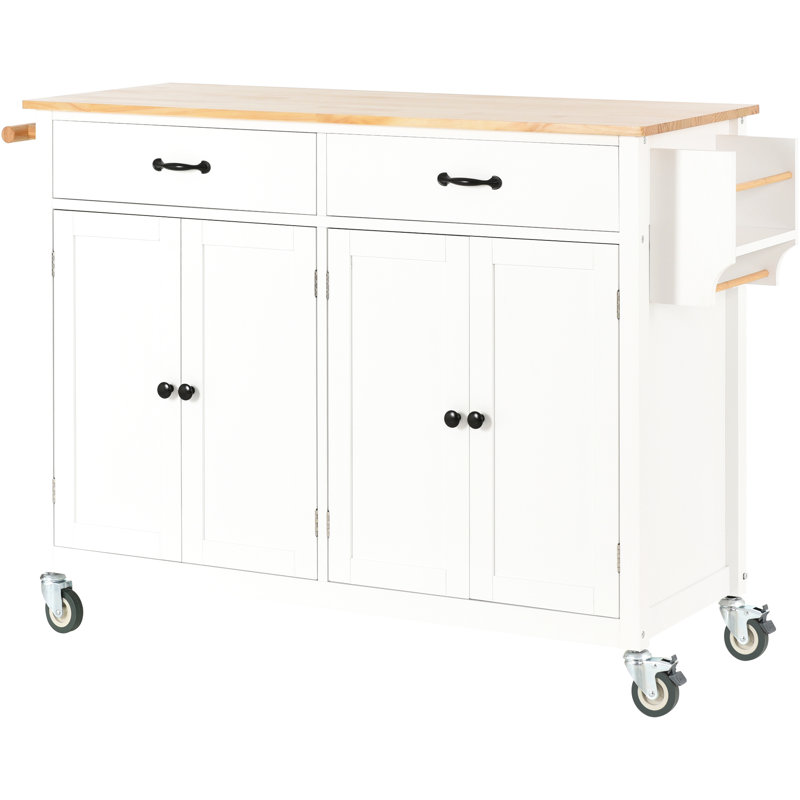 Solid Wood Top Kitchen Island Cart In White, 4 Door Cabinet With Space Shelves, 2 Drawers, Spice & Towel Rack, Locking Wheels Adjustable