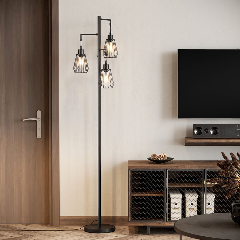 68.5" Industrial Black Tree Floor Lamp with 3 Bulbs Included