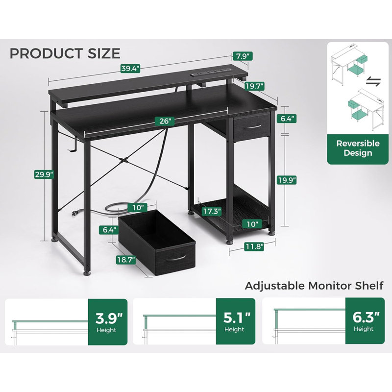 Gaming Desk with LED Lights & Power Outlet, 48 Inch Computer Desk with Drawer, Reversible Desk with Adjustable Monitor Shelf & Headphone Hook for Home Office, Black