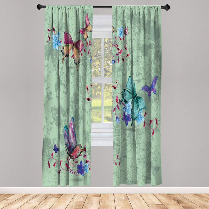 Microfiber Floral Semi-Sheer Rod Pocket Curtain Panels, 28" W x 84" L, Dark Sea Green/Turquoise