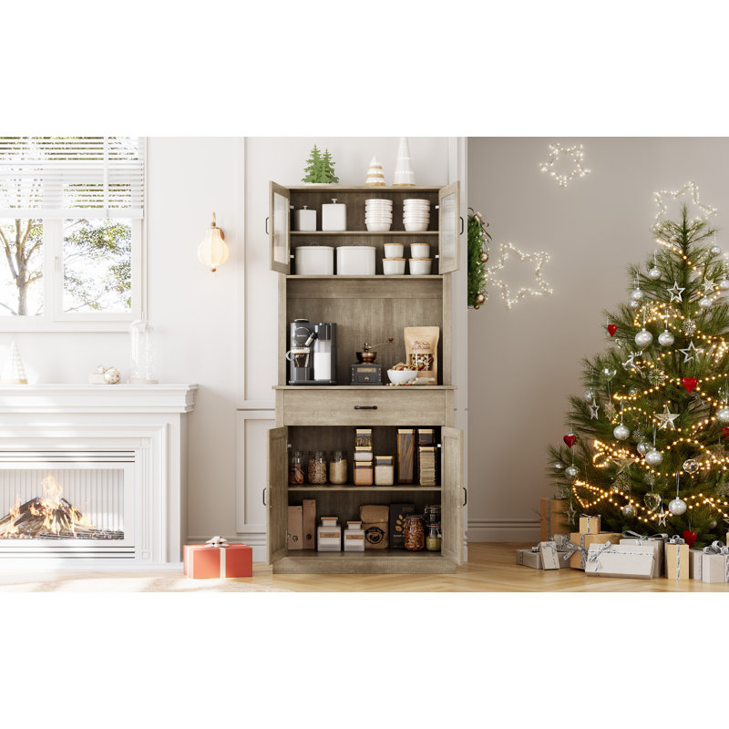 Grand garde-manger avec support pour micro-ondes, huche de buffet autoportante, tablettes réglables, portes, Naturel