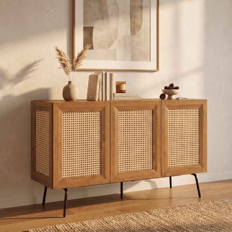  MOSSIC Sideboard 3 - 4 Doors Natural Rattan Storage Cabinet, Buffet with Metal Legs, Boho Accent Cabinet for Living Room, Dining Room, and Entryway, Effortless Assembly