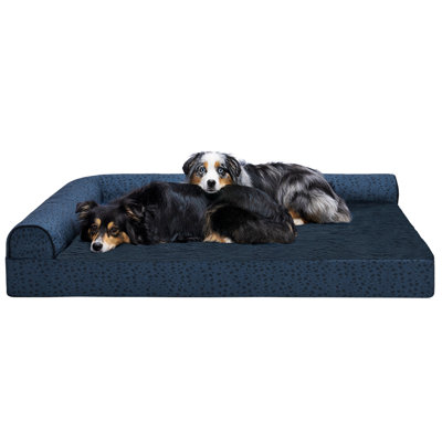 Plush Fur & Almond Print Cooling Gel Top Deluxe L-Chaise Pet Bed