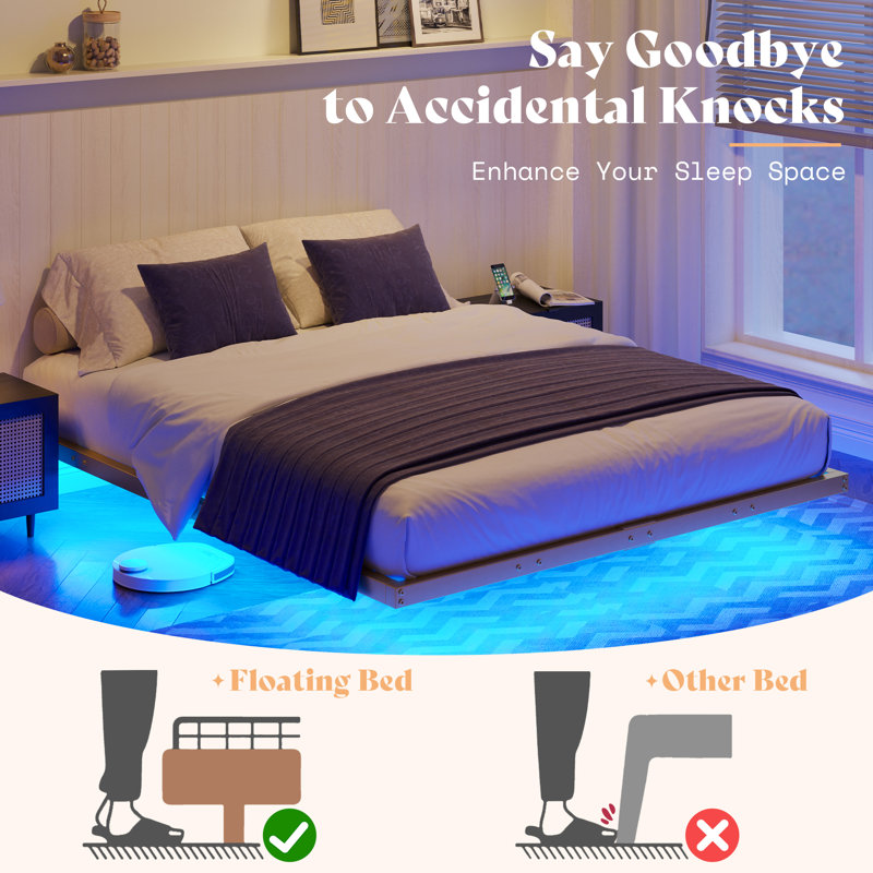 Gold Full Size Floating Metal Bed Frame with LED Lights