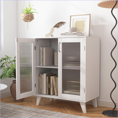 Cabinets: armoire de rangement moderne avec 2 portes en verre, tablette réglable, blanc cassé | Minimaliste | Salon