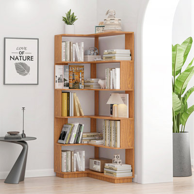Bibliothèque de coin autoportante en forme de L à 5 niveaux de 90 cm (35,43 po) pour le salon, la chambre à coucher, la bibliothèque de bureau à domicile avec panneau anti-chute et dispositif anti-basculement, rangement ouvert