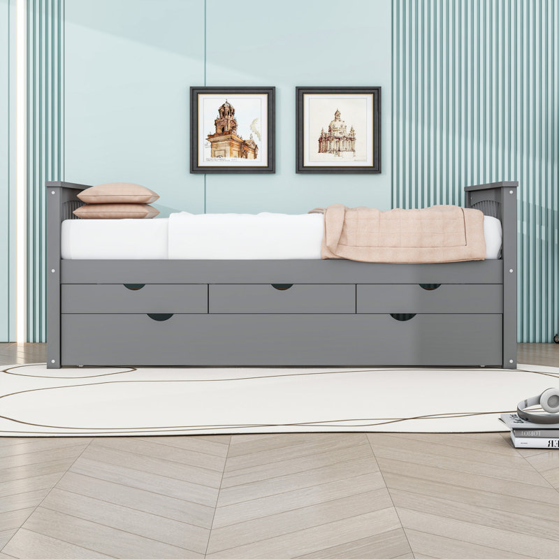 Twin Wood Daybed with Twin Trundle and Drawers, Gray