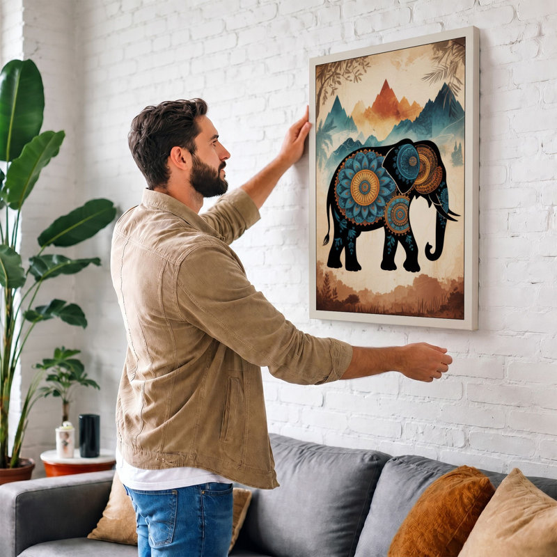 Mechanical Elephant With Mountains Steampunk - Print, 30x20 - 76.2 x 50.8 cm, Black Border