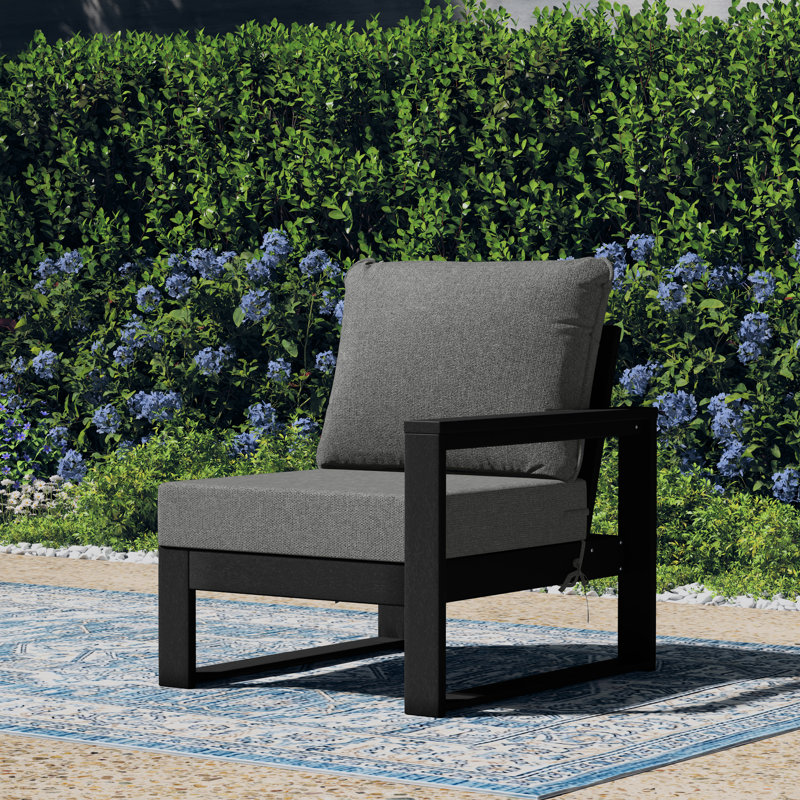 Chaise de patio à accoudoirs droits avec cadre, Gris, Noir, noir, noir, noir