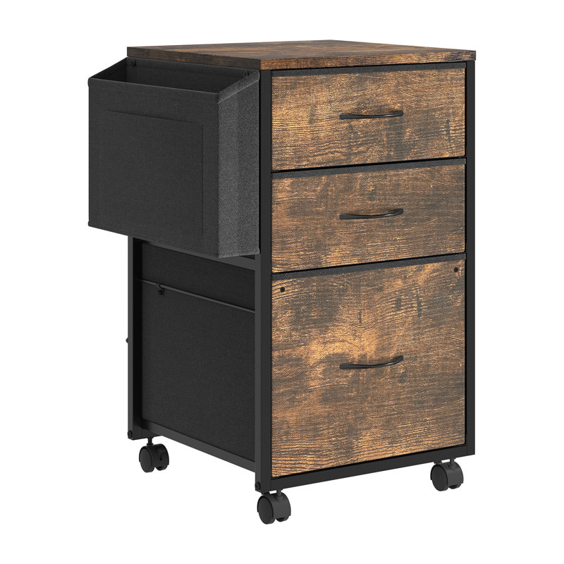 15 Inch Embossed Metal Framed Wooden File Cabinet With 3 Drawers And Wheels, Black/Weathered Wood