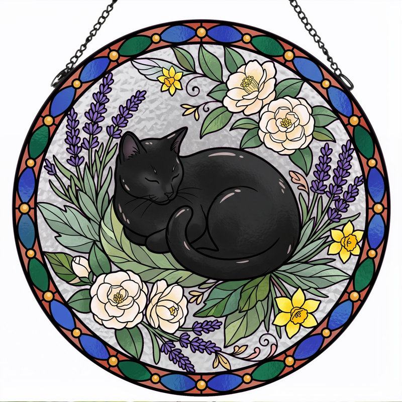 Panneau de vitrail pour chat endormi ， H 12 po, H 12 po