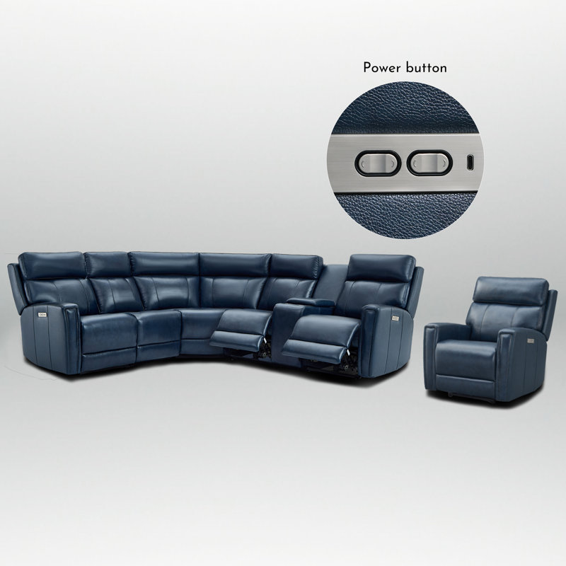 Canapé modulaire en cuir et fauteuil inclinable électrique Rumalda, Cuir véritable bleu, Électrique - Bouton-poussoir