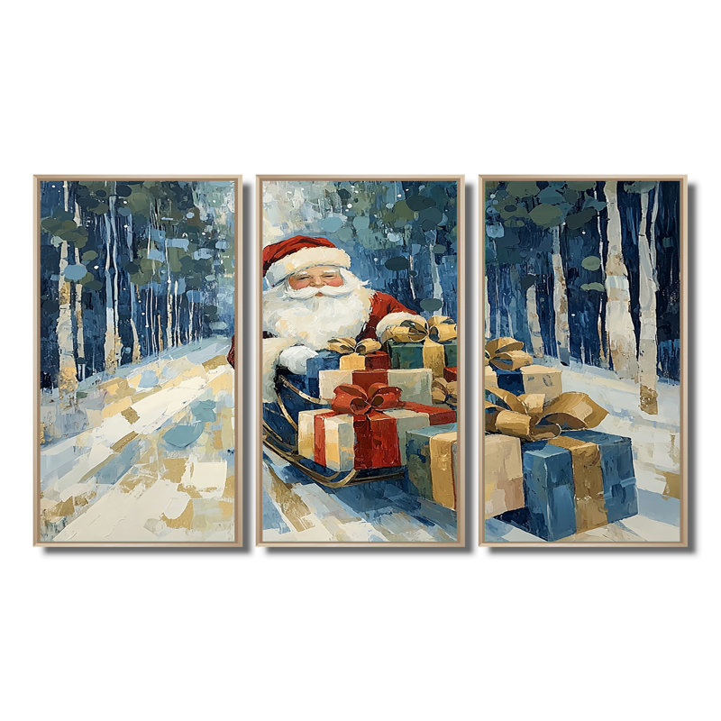 Christmas Santa Red Gift Giving - Christmas Santa Deer Wall Art Living Room Set, Natural Floater Framed Canvas