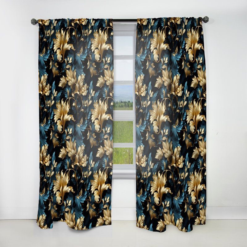 Bleu foncé et doré Techno Damask Realm IV - Rideau damassé - Rideau obscurcissant - 1 panneaux, L 52 po x L 95 po