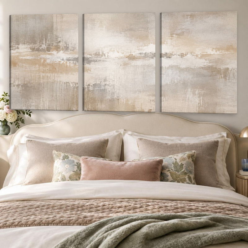 Ensemble exclusif de 3 toiles panoramiques abstraites grand format, aux tons beige crème et taupe, texturées et neutres. Décoration murale idéale pour le salon, la chambre à coucher et le bureau.
