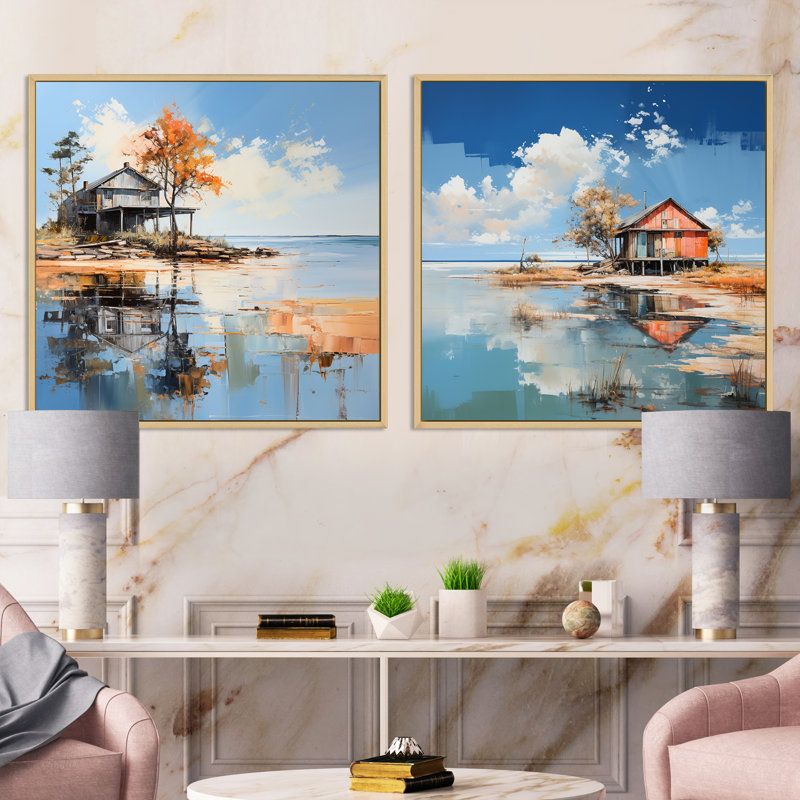 «Lakehouse Summer Charm Beach - Lakes Lakehouse», ensemble de 2 collages carrés, Cadre flottant brun, H 16 po x l 33 po