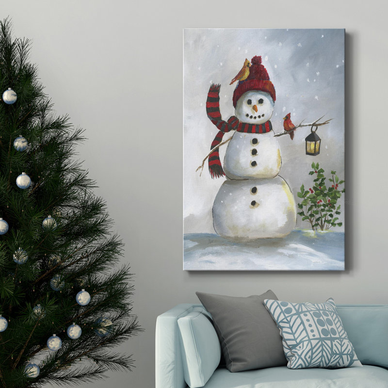 Bonhomme de neige et cardinal I, toile tendue avec châssis de qualité supérieure - prête à être accrochée