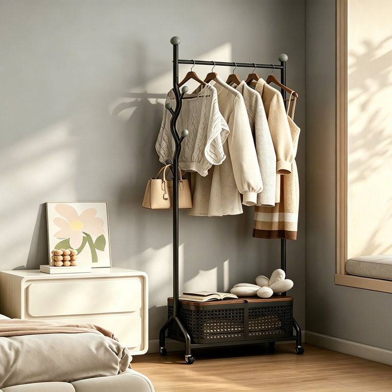 Modern Rolling Entryway Coat Rack, Black