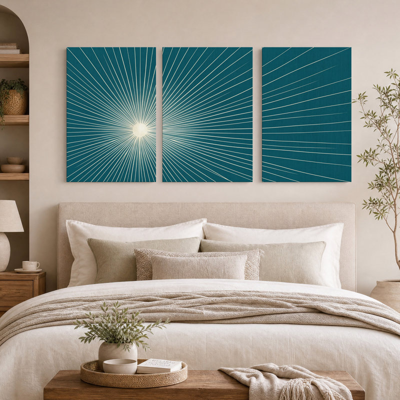 Ensemble de 3 toiles murales représentant des lignes blanches rayonnantes sur fond turquoise, H 18 po x l 12 po x 3 pièces