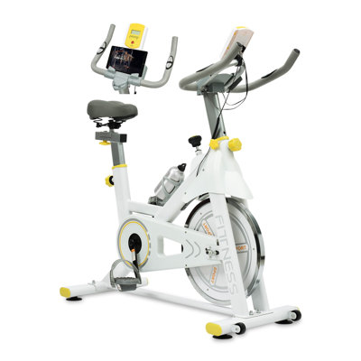 Vélo d'exercice d'intérieur avec volant d'inertie de 30 lb, entraînement par courroie, moniteur ACL et support pour tablette - Vélo stationnaire jaune et blanc pour la gymnastique à domicile
