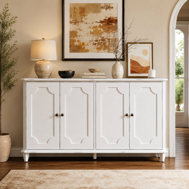 Buffet 60 po avec rangement, grande console d'entrée avec 4 portes et tablettes réglables, armoire de rangement décorative pour salle à manger, salon et cuisine