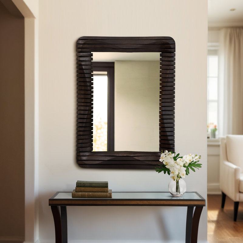 Kedus 41" Brown Wood Framed Wall Mirror with Modern Slatted Design for Home & Office