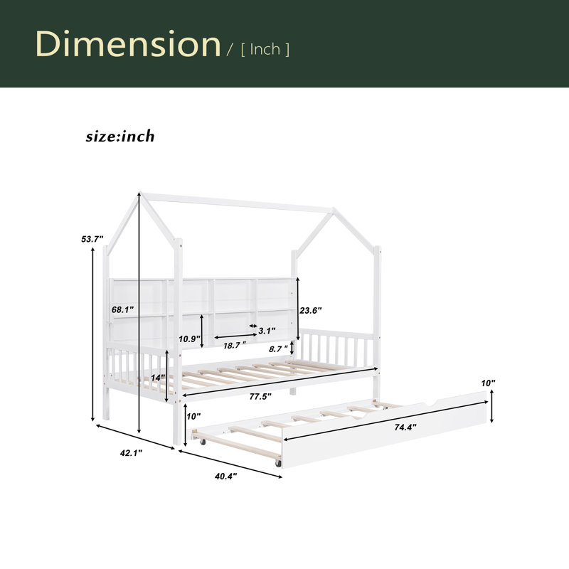 Wooden House Bed With Trundle,Shelf, Twin