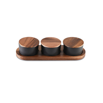 Acacia Wood Condiment Holder with 3 Ceramics