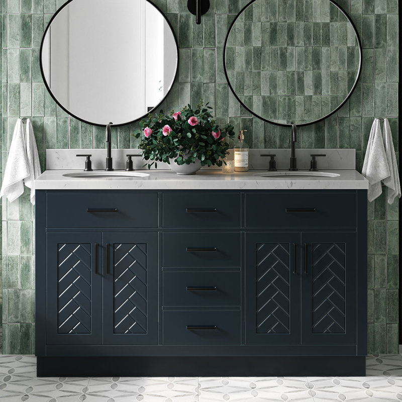 Meuble-lavabo double ovale 60 po à chevrons avec comptoir en quartz Carrara blanc 1,5 po bleu minuit, Ovale, Bleu minuit