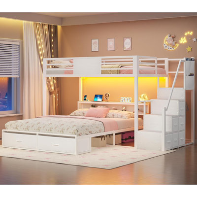 Twin Over Full Bunk Bed with Storage Stairs, 8 Drawers, Storage Headboard with Charging Station,  White